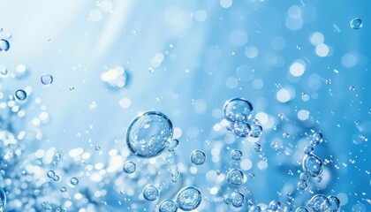 A macro shot of water bubbles floating in a bright blue liquid, creating a refreshing and vibrant underwater effect.