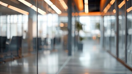 A bright, modern office interior featuring glass partitions, blurred background, soft lighting, and sleek contemporary furniture for a professional atmosphere.