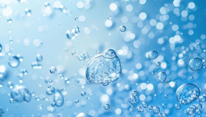 A macro shot of water bubbles floating in a bright blue liquid, creating a refreshing and vibrant underwater effect.