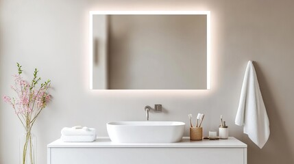 Fototapeta premium Frameless rectangular mirror with integrated lighting in a beige minimalist bathroom, minimalist bathroom mirror, warm elegance