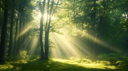 Obraz premium Sunbeams Illuminating a Forest Path