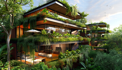 Fototapeta premium Modern eco-friendly building with green roofs and lush vegetation, showcasing sustainable architectural design