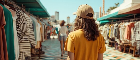 Obraz premium Vibrant Outdoor Market Adventure: Friends Reliving Their Youth by Shopping for Vintage 90s Fashion Finds Among Colorful Stalls