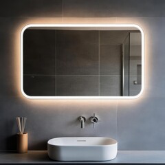 Fototapeta premium Frameless rectangular mirror with built-in lighting above a white vanity, minimalist bathroom mirror, sleek modern design