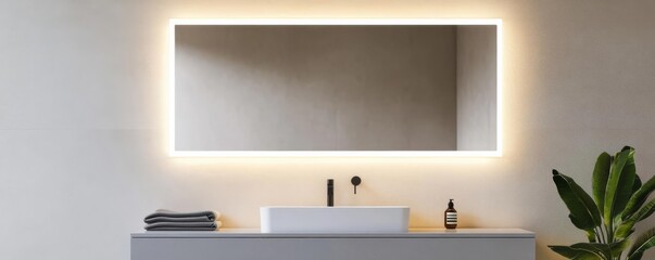 Frameless rectangular mirror with soft lighting above a floating vanity, minimalist bathroom mirror, sleek and simple