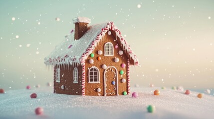 Gingerbread house with candy cane decorations is standing in the snow on a soft green background. Snow is gently falling