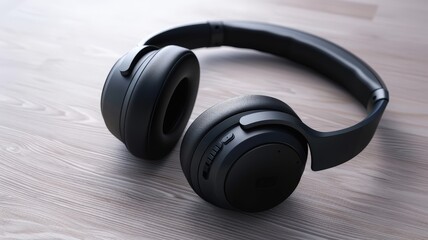 A pair of black over-ear headphones placed on a light wooden surface, showcasing modern audio technology and minimalist design.