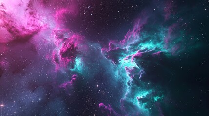 Swirling pink and turquoise nebula clouds in the vast universe create a mesmerizing cosmic sight, blending colors beautifully with twinkling stars in the background