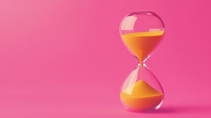 An hourglass-shaped, toned monochrome picture from 2023 in the color Viva Magenta. Sand timer or sandglass. Golden sand over a vivid paper background makes for a single sand clock. aspect of design