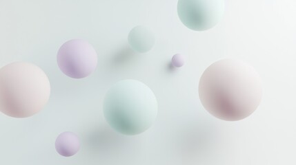 Spheres of different sizes in delicate pink, purple and turquoise hues are floating on a light blue background creating a serene and minimalist composition