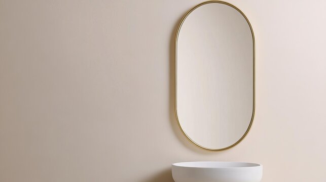 Large oval mirror with thin brass frame in a beige minimalist bathroom, minimalist bathroom mirror, modern warmth