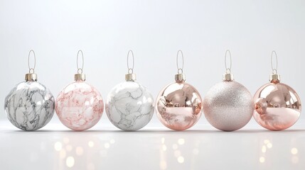 Stylish arrangement of six christmas baubles with unique designs on a white surface. Sparkling with marble. Glitter. Pink. White. And gold hues. Creating a luxurious and festive atmosphere