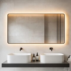 Fototapeta premium Large rectangular mirror with matte black frame in a minimalist bathroom, minimalist bathroom mirror, modern boldness