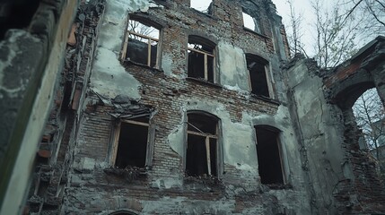Fototapeta premium A dilapidated building with broken windows and crumbling walls, showcasing decay and abandonment.