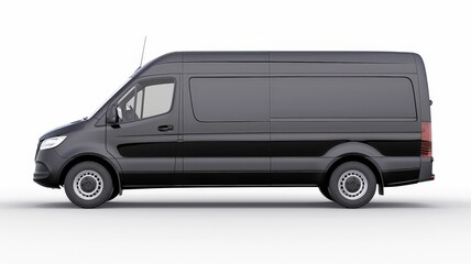 Side view of a modern gray cargo van designed for transportation and delivery services, featuring a spacious and practical layout.