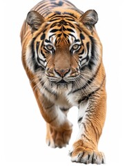 A tiger is walking on a white background