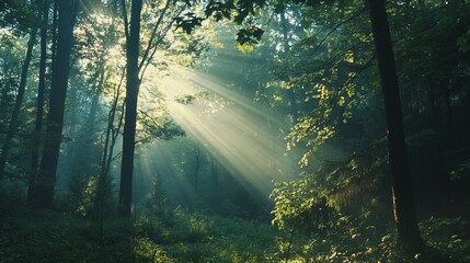 Obraz premium Sunbeams Illuminating a Misty Forest