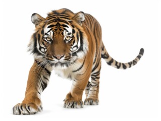 Fototapeta premium A tiger is walking on a white background