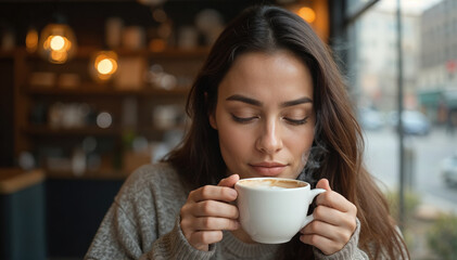 woman drinking coffee in café