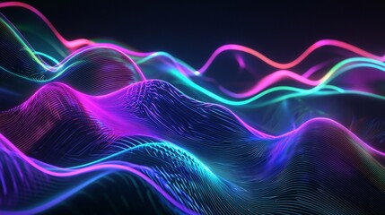 Fototapeta premium Digital art piece featuring vibrant neon waves flowing across a dark background, creating a sense of movement and energy