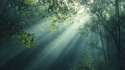 Obraz premium Sunbeams Piercing Through a Misty Forest Canopy