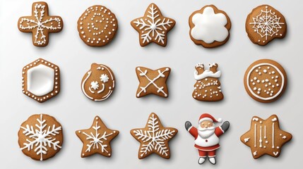 Gingerbread christmas snowflake star santa man tree cookie biscuit on transparent background cutout. PNG file. Many assorted different design. Mockup template for artwork design transparent background