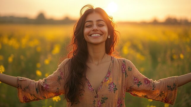 portrait of a young indian woman with open arms enjoying the outdoors in a meadow filled with nature showing happiness and positivity with good mental health and a joyful peaceful life
