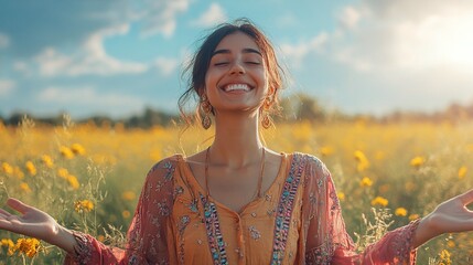 portrait of a young indian woman with open arms enjoying the outdoors in a meadow filled with nature showing happiness and positivity with good mental health and a joyful peaceful life