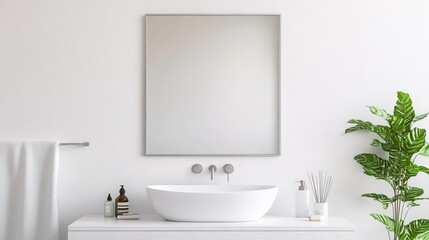 Fototapeta premium Minimalist frameless mirror with brushed steel fixtures in a clean white bathroom, minimalist bathroom mirror, sleek simplicity
