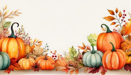 Fall watercolor border with pumpkins and fall leaves, generative AI