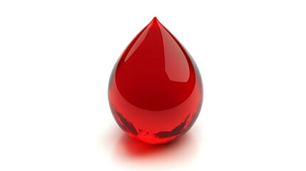 A glossy red droplet resembling blood, showcasing a smooth, reflective surface.