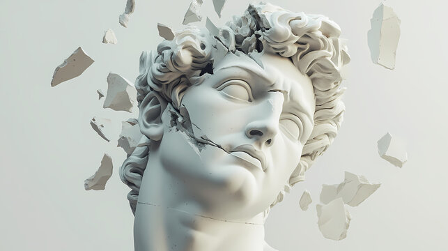 Abstract illustration from 3d rendering of a white marble bust of male classical sculpture broken shattered in three large pieces and tiny fragments. Sculpture. Illustration