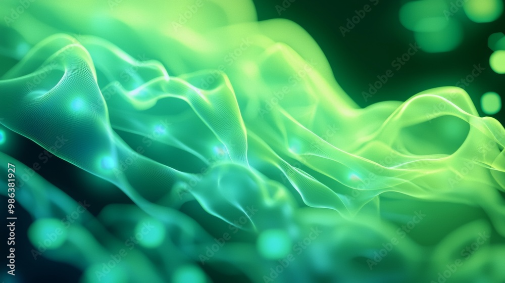 Poster flowing green digital waves move gracefully through a grid on a dark background, creating a mesmeriz