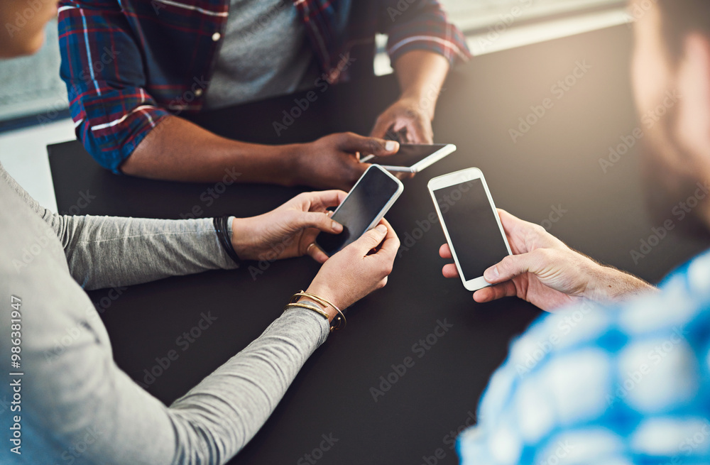 Poster smartphone screen, hands and people networking in circle for information, notification and online co