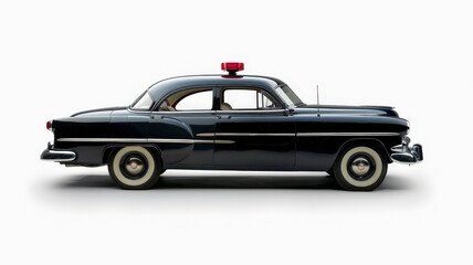 Side view of a vintage black police car featuring a classic roof siren, chrome details, and retro automotive design.