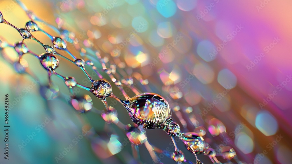Poster macro photograph showing iridescent water droplets clinging to a web, creating a beautiful abstract 