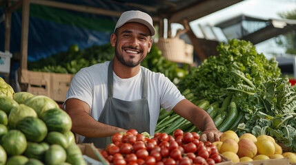 A cheerful street vendor running a small farm market business, proudly displaying an array of sustainable fruits and vegetables in a vibrant outdoor setting. photo