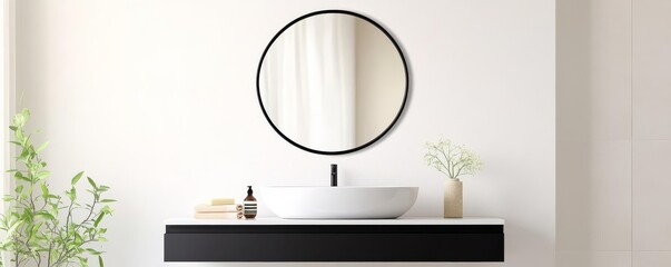 Oval mirror with a black frame above a floating vanity, minimalist bathroom mirror, bold modern