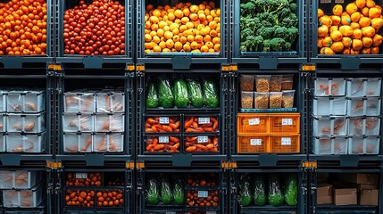 Neatly stacked boxes of frozen seafood in a refrigerated food warehouse, efficient storage system