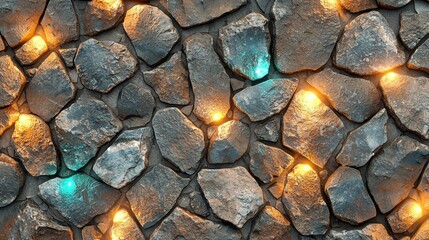Mesmerizing mix of orange and blue lights illuminates a stone wall. Creating a captivating and mysterious ambiance with intricate patterns and textures that seem to glow in the dark