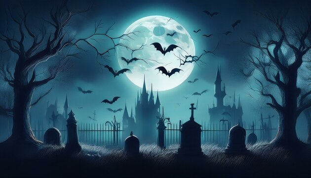Graveyard cemetery to castle In Spooky scary dark Night full moon and bats on dead tree. Holiday event halloween banner background concept.