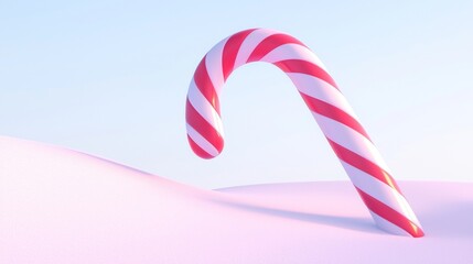 Obraz premium Single red and white candy cane standing upright on a pink snowdrift, with a light blue sky in the background, evoking a sweet winter wonderland