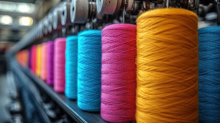 Close-up of vibrant fabric rolls in various colors on a spindle, showcasing textile production and material textures in a factory setting.

