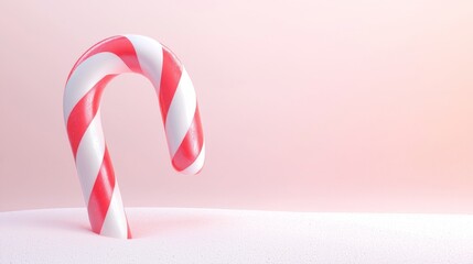 Candy cane stands gracefully in the snow against a pink background, embodying a simple christmas theme, perfect for spreading holiday cheer