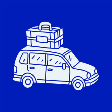 recommend clip art: Vector illustration of car with luggage on the roof in minimalist blue line art style on light background. Perfect for travel, road trip, family vacation, and transportation concepts