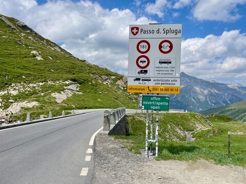 Spluegenpass mountain road, border between Switzerland and Italy.