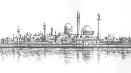 Naklejka premium Peshawar, Pakistan, black and white pen pencil hand-drawn effect drawing illustration for travel poster, card, wallpaper, backdrop or banner. Modern, clear, artistic and simple