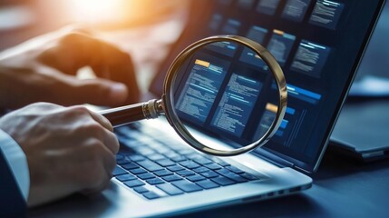 Electronic document check and data information searching online Depicts a businessman using a magnifying glass on a laptop screen symbolizing online file management and data accuracy