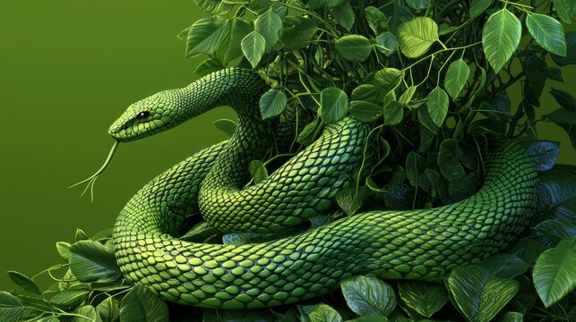 Vibrant green tree python is making its way through lush foliage, its scales catching the light as it moves. This striking image evokes the beauty and danger of the natural world