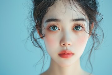 A woman with blue eyes and red lips